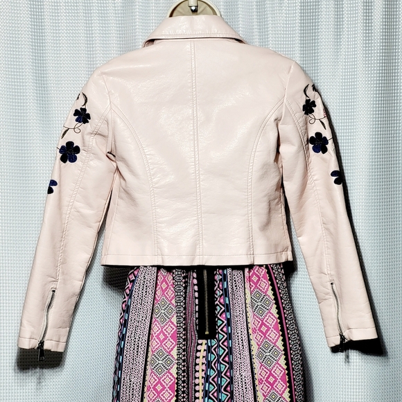Me Jane Blush Pink Faux Leather Aviator Jacket Floral Embroidered (M/10 Girls) - Picture 6 of 14